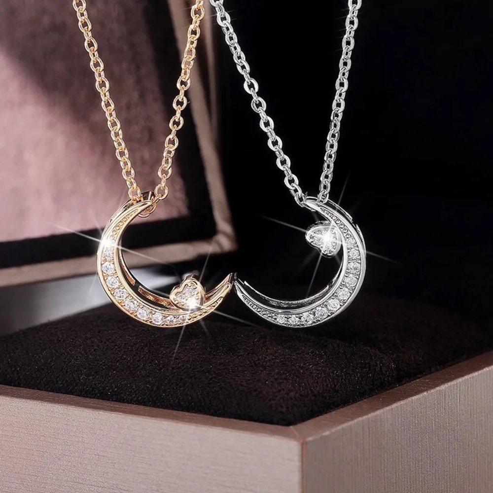 New Beautiful 925 Silver Moon Heart Diamond Necklace - Picture 1 of 6